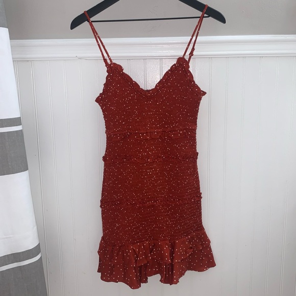 OLIVACEOUS Orange Smocked Ruffle Rib Knit 100% Rayon Bodycon Mini Dress Small - Picture 3 of 13